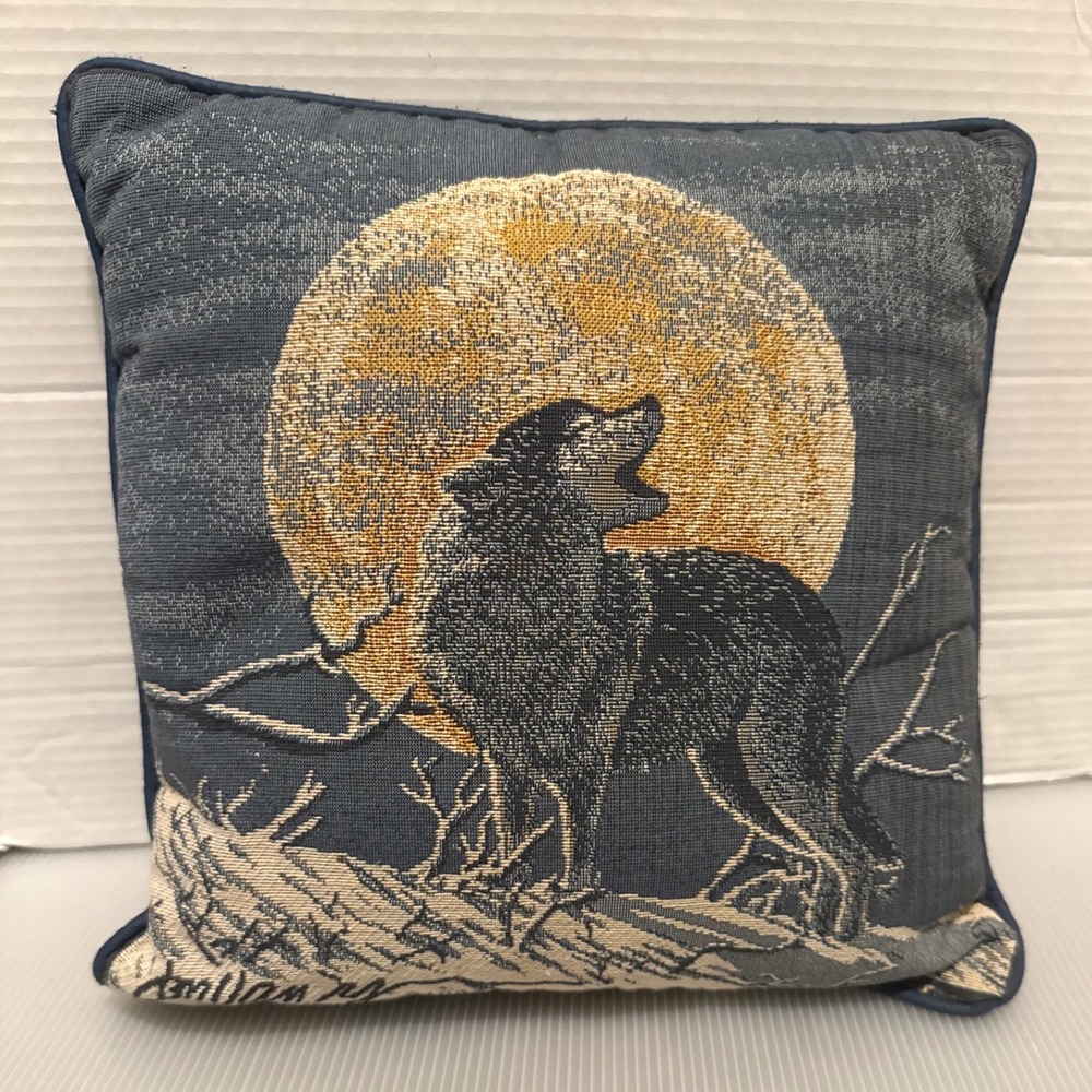 JM Von Wolf Throw Pillow 11.5" Blue Good 1993 Howling Moon Tapestry Art